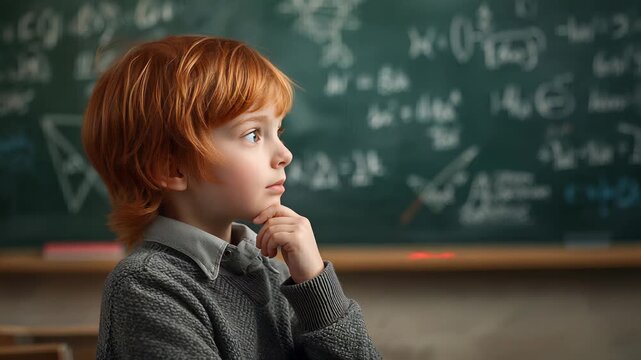Redhaired child resting hand beneath chin beside a chalkboard covered with mathematical formulas