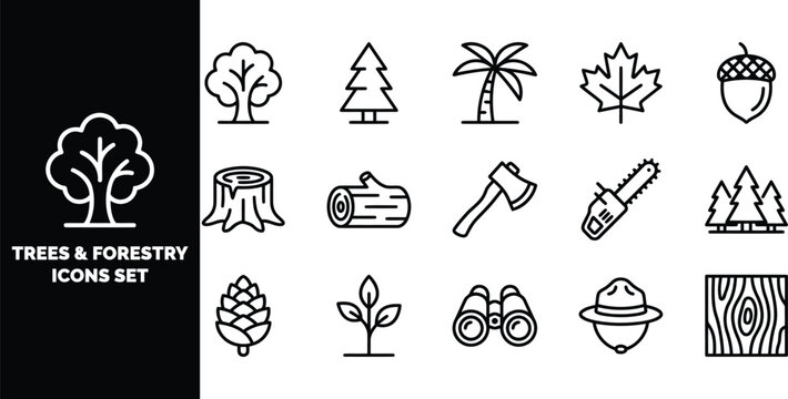 Trees and forestry set, featuring outline symbols of deciduous trees, conifers, logging tools, acorns, and forest ranger equipment