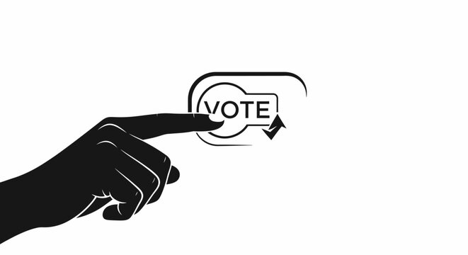 Close up of a hand pressing a digital voting button on a touchscreen device symbolizing voting or election process minimalistic black and white design modern technology concept