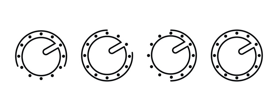 Volume control knobs icons set in line style.  black round turning switches, knob switches high to low volume speed controller set in outline.