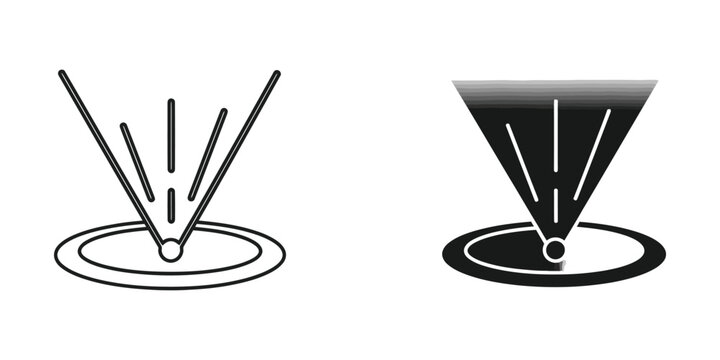 Hologram projection icon with light rays emanating from a circle on a white background