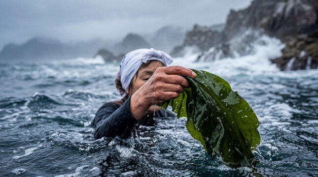 Traditional Japanese ama diver harvesting fresh green kombu kelp in rough sea
