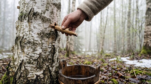 Harvesting fresh birch sap with a traditional wooden spout in spring forest