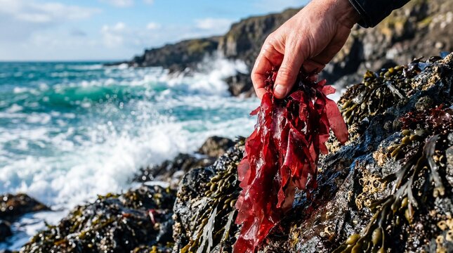 Hand harvesting red dulse seaweed from rocky ocean coast with turquoise sea