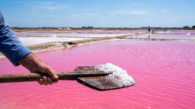 Hand harvesting fresh fleur de sel sea salt from a vibrant pink lagoon