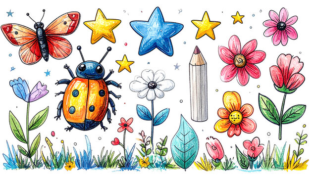 Bunte Kinderillustration mit Marienk&auml;fer, Schmetterling und Blumen