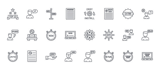 Fototapeta premium 24 outline Miscellany Texts and Badges web icons such as coming soon, who, yes and no, out of stock, easy installation. Thin vector symbols for report, presentation, web design and mobile app
