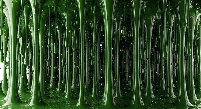 Abstract background of thick green liquid dripping down isolated on transparent background
