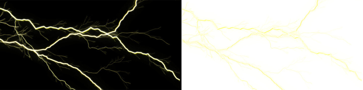 Bright yellow lightning, powerful electric discharge with glow, graphic element for special effects.