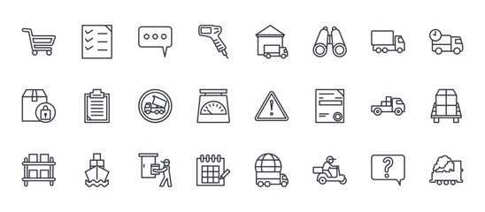 24 outline Delivery and Logistics web icons such as faqs, calender, delivery van free, clipboard checklist, center distribution. Thin vector symbols for report, presentation, web design and mobile © Amelia