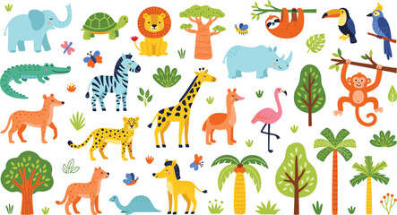 Cute Cartoon African Safari and Jungle Animal Vector Set with Tropical Trees for Children Nursery Pattern Design and Educational Graphics © Ismail