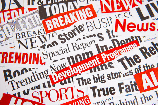 Collection of newspaper headlines with trending and breaking news labels, representing media coverage, journalism, public information, and communication concepts.