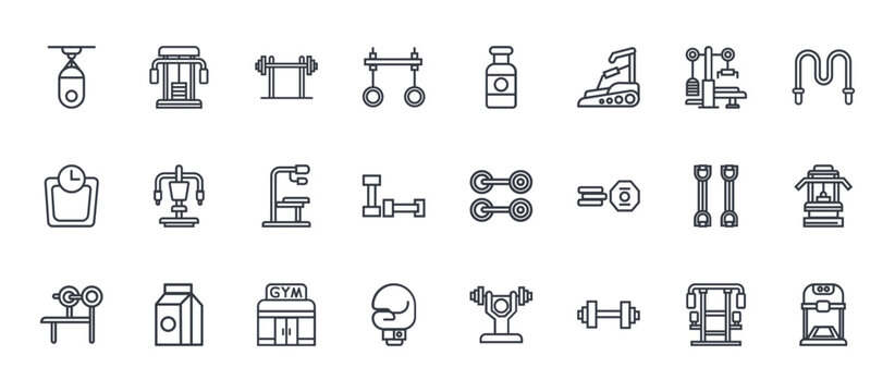 24 outline Gym web icons such as gym station, boxing glove, chest expander, gym station, milk. Thin vector symbols for report, presentation, web design and mobile app