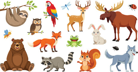 Fototapeta premium Cute Cartoon Forest and Woodland Animal Vector Character Set with Bear Moose Sloth Fox Deer and Wolf for Children Illustration Graphic Design