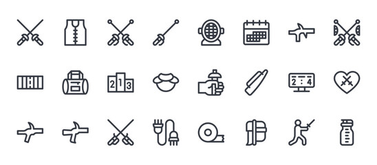Fototapeta premium 24 outline Fencing web icons such as fencer, wire, scoreboard, duffle bag, fencing mask. Thin vector symbols for report, presentation, web design and mobile app