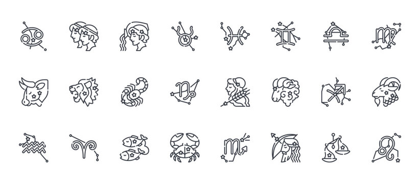 24 outline Horoscope web icons such as libra, cancer, sagittarius, leo, pisces. Thin vector symbols for report, presentation, web design and mobile app