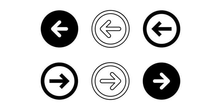 Set of six arrow icons including left and right directions in solid black and outlined circle variations for navigation and choice indication.