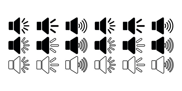 Collection of sixteen speaker volume icons in three rows with varying sound wave indicators for audio level and sound control elements.