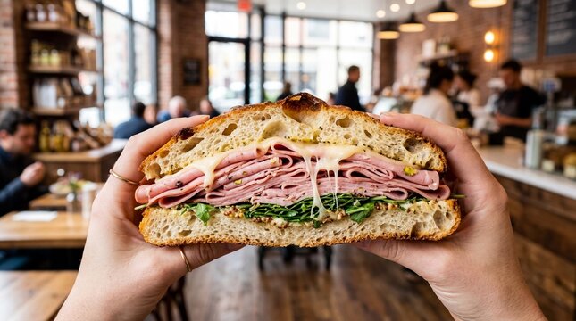 Focaccia sandwich with mortadella and melted cheese stretch in a deli shop