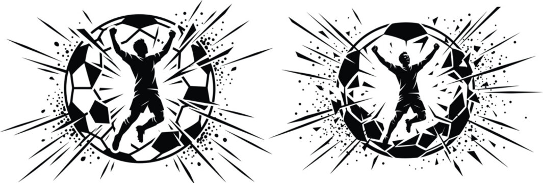 Black silhouette soccer player kicking ball with explosion