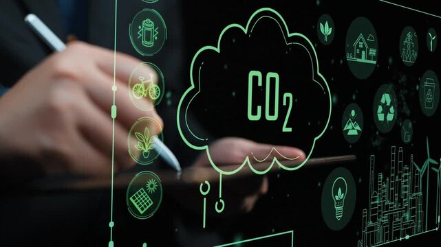 This image showcases a digital representation of carbon dioxide reduction strategies and green energy initiatives with various eco-friendly icons and a focus on sustainability and innovation. Cipher