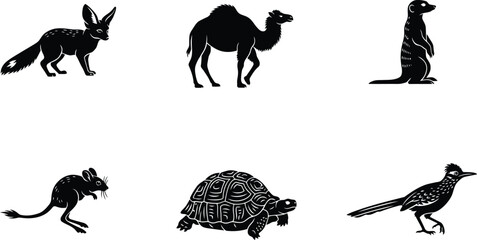 Fototapeta premium Silhouette icon set of various wild animals including fox camel meerkat mouse turtle and roadrunner with silhouette wildlife creatures reptiles collection illustration isolated background