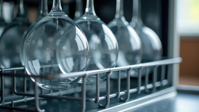 A bunch of wine glasses arranged in a rack, suitable for various occasions and events