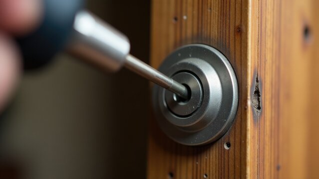 A person uses a screwdriver to open a door, possibly for maintenance or repair purposes