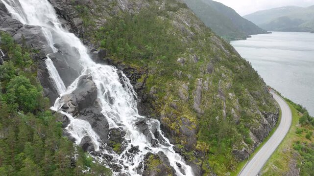Aerial shot of Langfossen waterfall in Norway