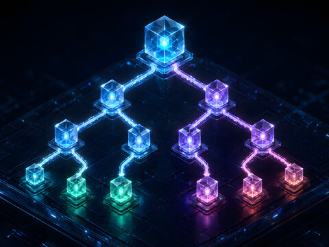 Digital Tree Hierarchy Visualization with Glowing Data Cubes and Connected Network Nodes on a Futuristic Circuit Board Background
