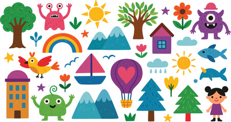Cute Cartoon Kids Vector Elements Set with Monsters Trees Mountains Rainbow Hot Air Balloon and Little Girl Character for Scrapbook Graphic Designs © Ismail
