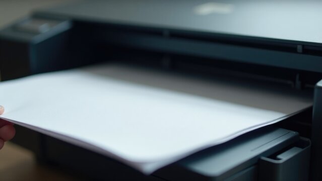 A person holding a piece of paper near a printer, ready for printing