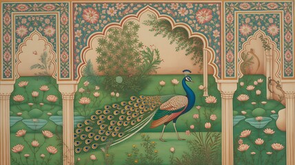 Obraz premium Traditional Mughal garden arch, peacock palace illustration frame for wedding invitation 
