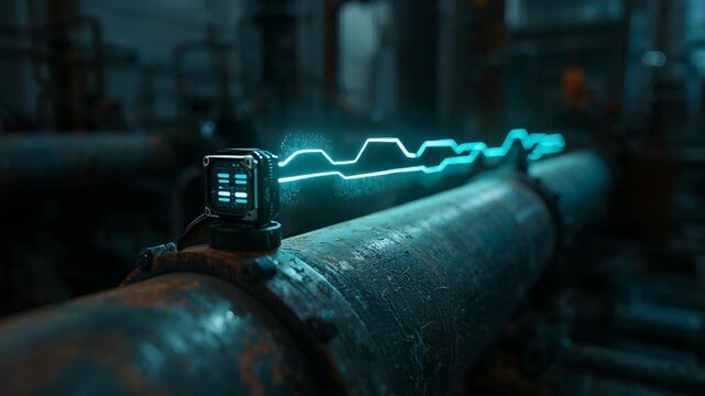 Digital sensor attached to a large metal pipeline with a glowing cyan waveform inside a dark factory