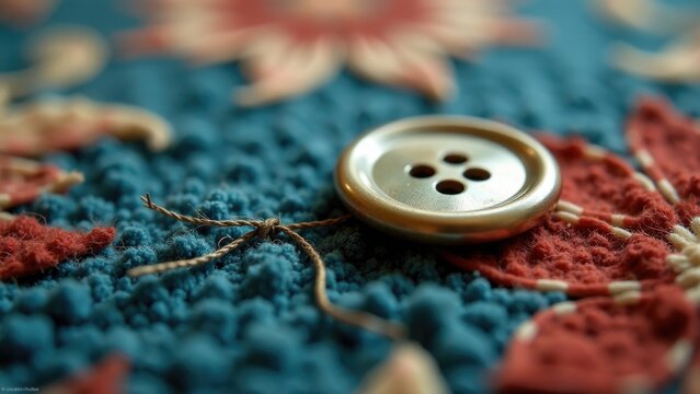 A single button sitting on top of a blue and red striped blanket, perfect for decorating or adding to a gift
