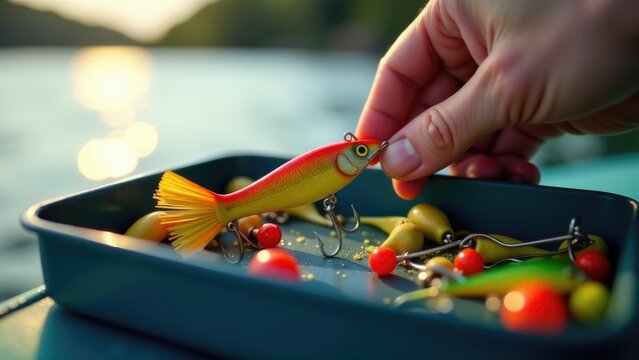 A person holding a selection of fishing lures in a tray