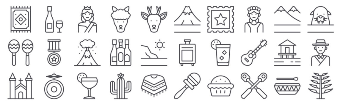 Modern set of 30 thin outline Chile icons. Vector signs such as carpet, maracas, church, wine, medal isolated on white