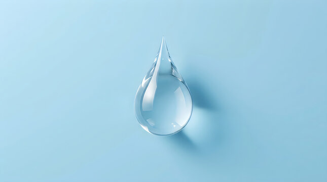 A single clear water drop on a light blue background with shadow