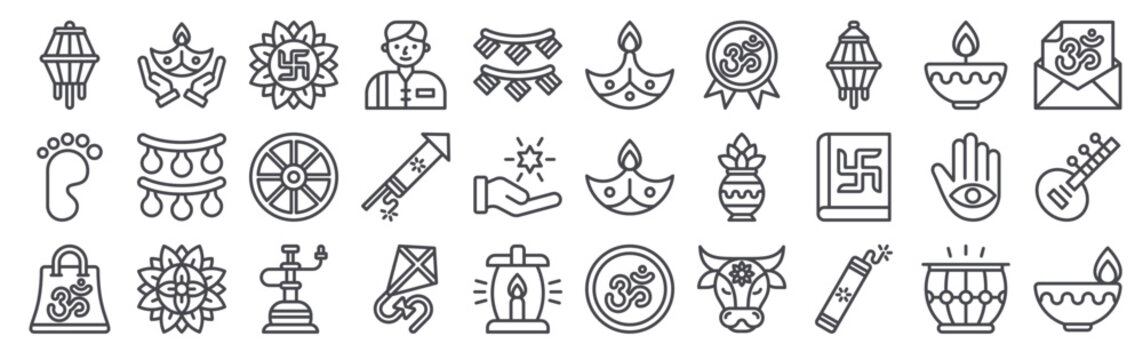 Modern set of 30 thin outline Diwali icons. Vector signs such as lamp, footprint, shopping bag, festival, decoration isolated on white