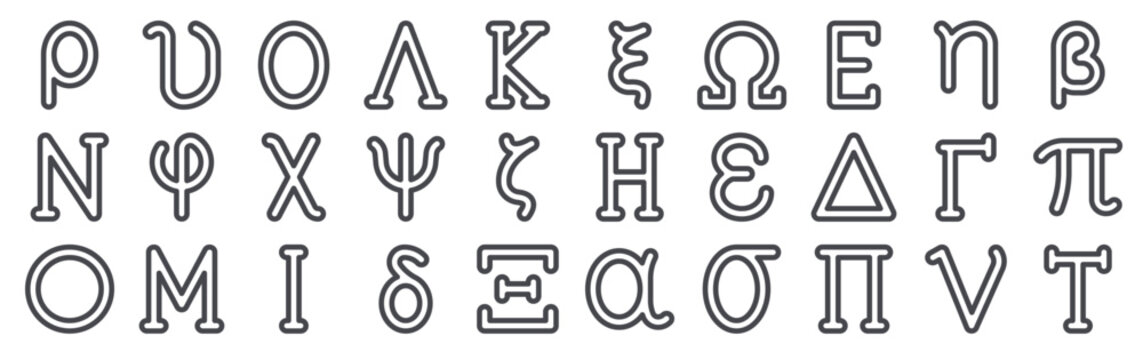 Modern set of 30 thin outline Greek Alphabet icons. Vector signs such as rho, nu, omicron, upsilon, phi isolated on white