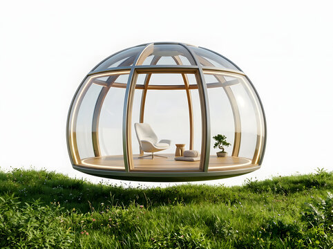 Modern futuristic floating glass wellness pod for meditation and relaxation suspended over a lush green meadow against a white background