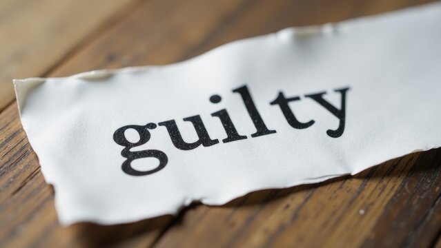 A piece of paper with the word 'guilty' written, often used in court or police settings