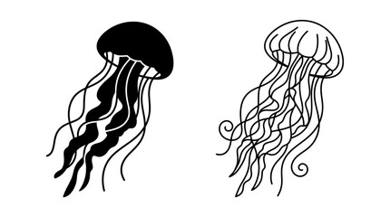 Jellyfish Silhouettes And Line Art On White Background © Vector Hub24
