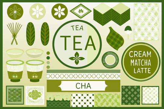 Matcha Tea Elements Vector Illustration Green And Beige Tones