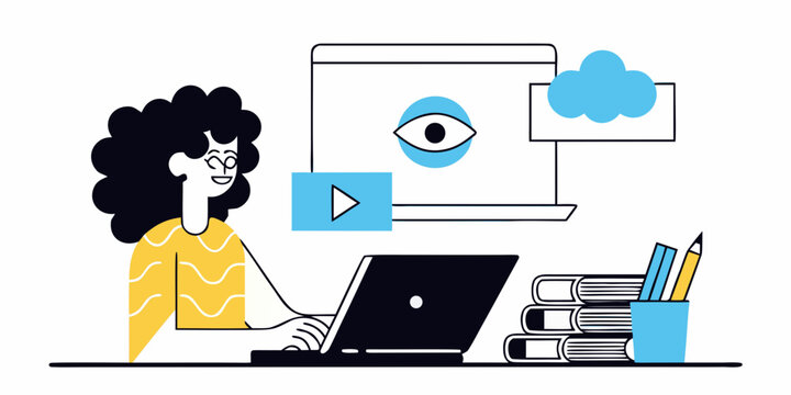 Person Using Laptop With Displayed Eye And Cloud Vector Illustration