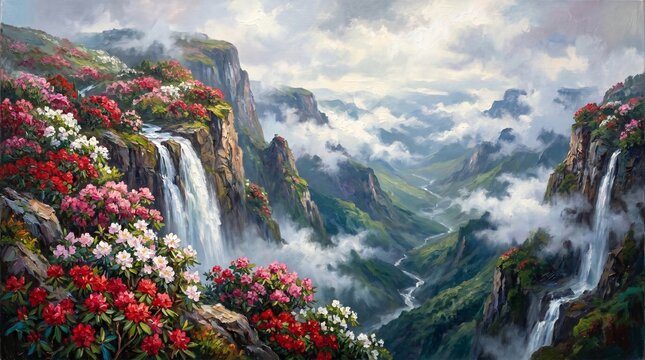 Impressionist Oil Painting of Mount Fuji and Blooming Cherry Blossom Trees