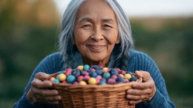 Senior woman smiling and offering wicker basket of multicolored fruit in rural garden setting during late afternoon light