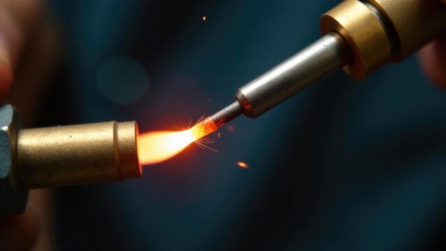 A person holds a small metal object with a spark coming out of it, potentially for repair or maintenance purposes