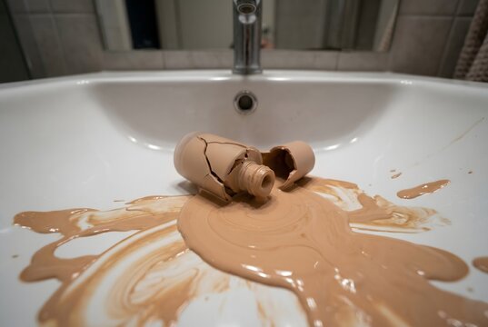 POV shot of broken liquid foundation bottle spilling cosmetic on sink
