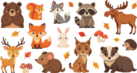Obraz premium Cute Cartoon Autumn Woodland Animal Vector Set with Bear Fox Raccoon Moose Deer and Lynx Characters for Kids Graphic Design and Nursery Decor
